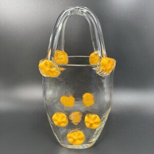 Clear Art Glass Purse Bag Shaped Vase Container Decor With Orange Flowers Spots